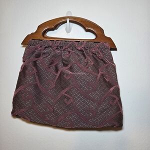 Vintage Carpet Tapestry Bag Knitting Sewing Tote Wood Handled
